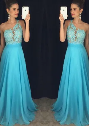 A-line Beaded Lace One Shoulder Sleeveless Blue Chiffon Prom Dress