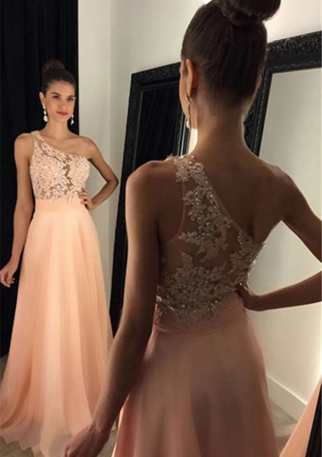 A-line Beaded Lace One Shoulder Sleeveless Blue Chiffon Prom Dress