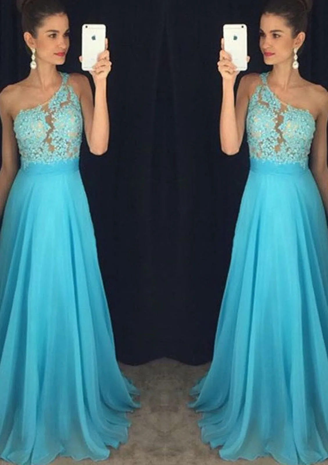 A-line Beaded Lace One Shoulder Sleeveless Blue Chiffon Prom Dress