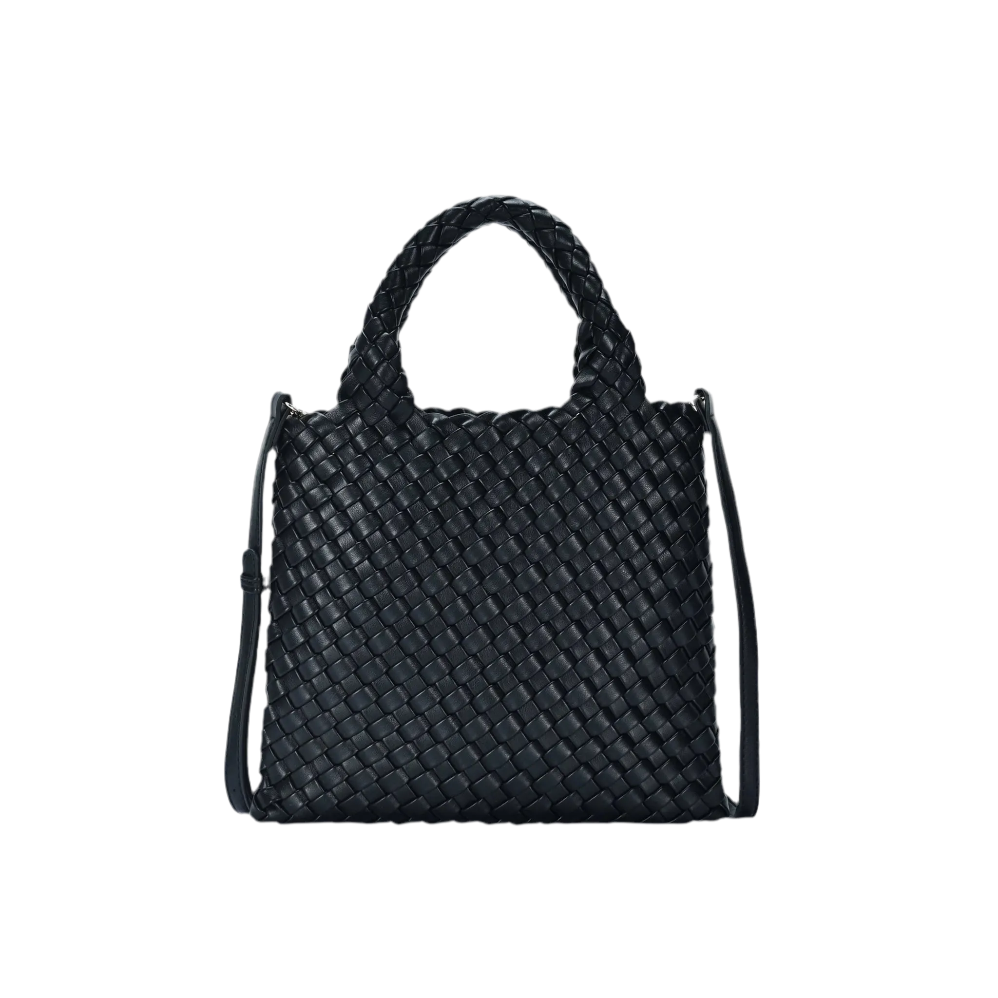Black Convertible Vegan Leather Weave Handbag
