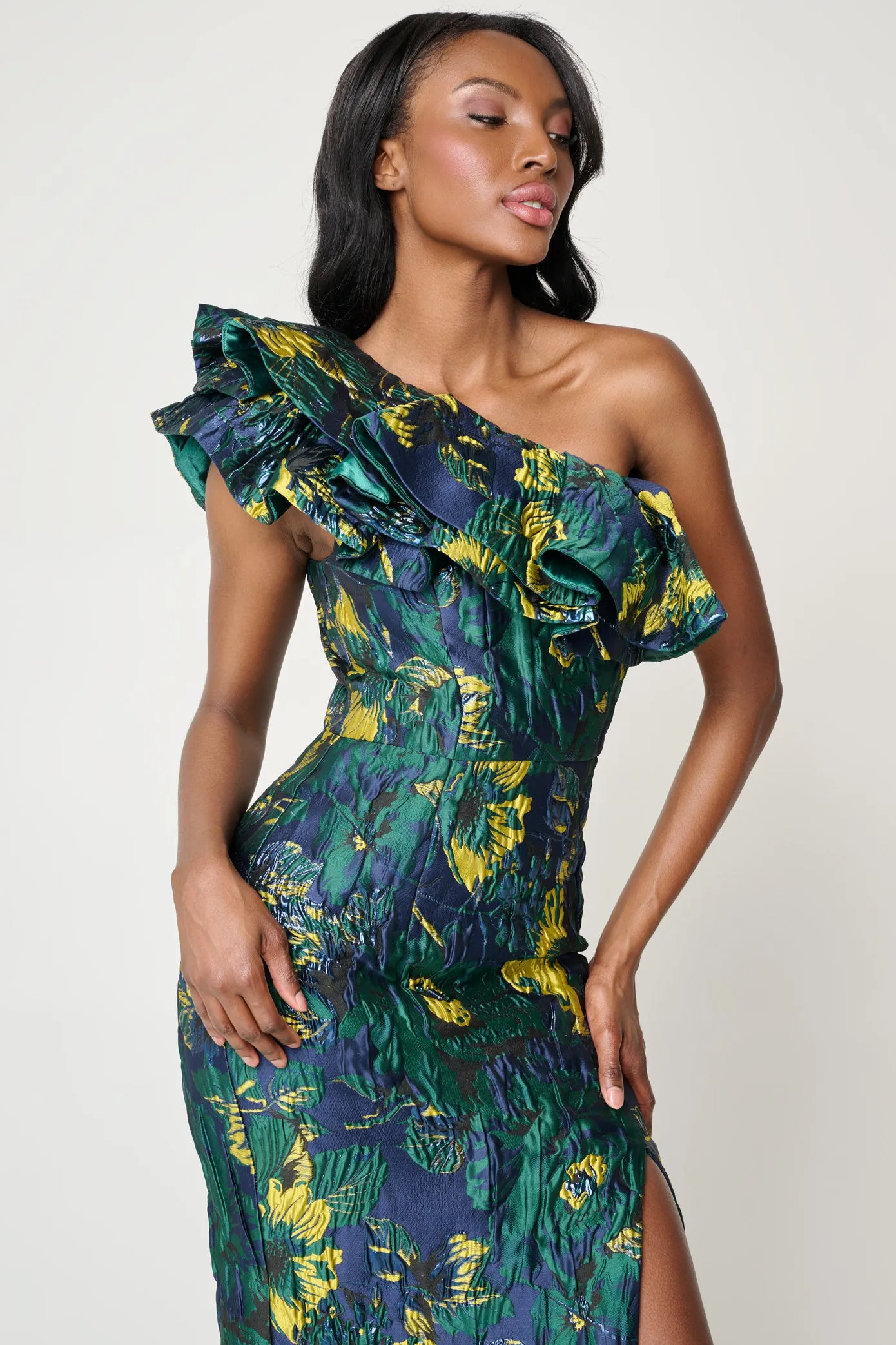 Bonne Nuit One Shoulder Gown in Emerald by Bariano - RENTAL