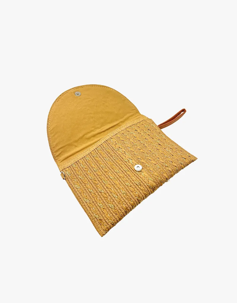 Branded Raffia Crossbody Clutch in Brown w/ Gold Accent