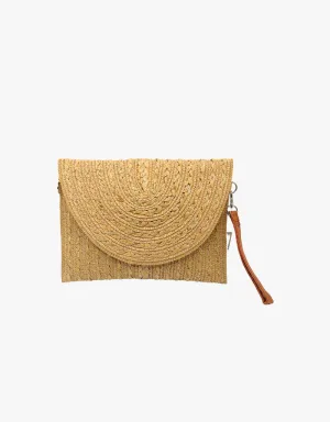 Branded Raffia Crossbody Clutch in Brown w/ Gold Accent