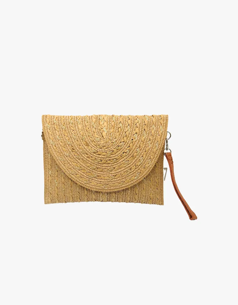 Branded Raffia Crossbody Clutch in Brown w/ Gold Accent