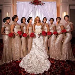Charming Sparkly Champagne Cap Sleeve Mermaid Bridesmaid Dresses, PD0348