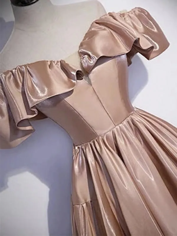Dusty Pink Ruffle Off-shoulder A-line Long Lace Up Back Prom Dress, PD3447