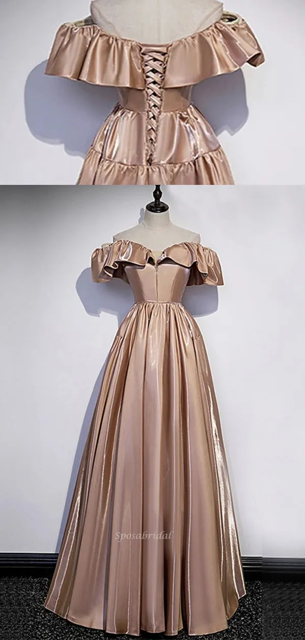 Dusty Pink Ruffle Off-shoulder A-line Long Lace Up Back Prom Dress, PD3447