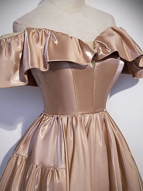 Dusty Pink Ruffle Off-shoulder A-line Long Lace Up Back Prom Dress, PD3447
