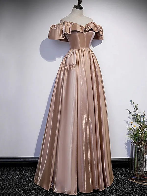 Dusty Pink Ruffle Off-shoulder A-line Long Lace Up Back Prom Dress, PD3447