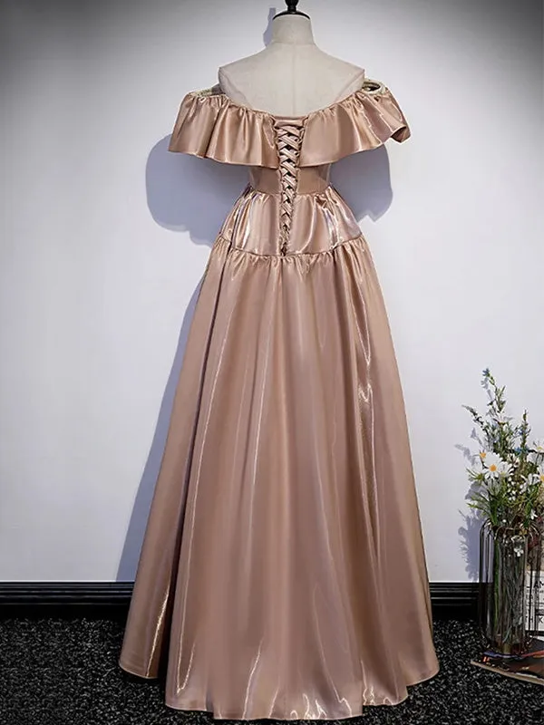 Dusty Pink Ruffle Off-shoulder A-line Long Lace Up Back Prom Dress, PD3447