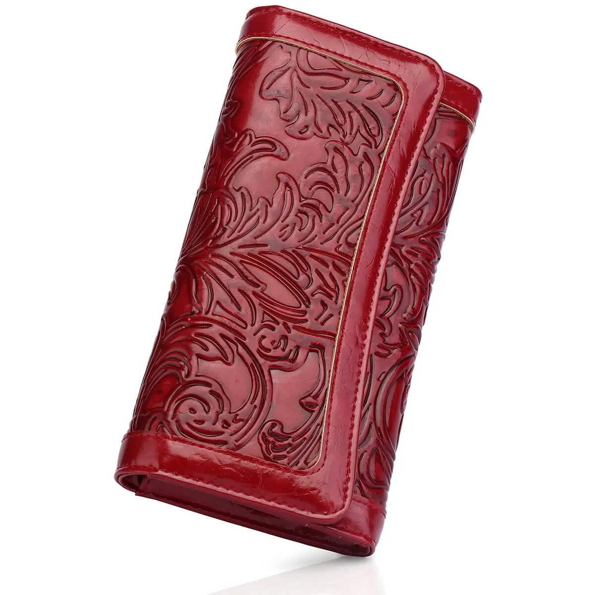Embossed Wallet For Women RFID Blocking Ladies Long Purse Credit Card Holder Slots with Zipper Pocket-RED