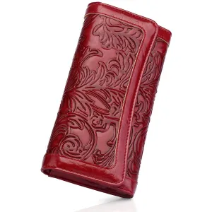 Embossed Wallet For Women RFID Blocking Ladies Long Purse Credit Card Holder Slots with Zipper Pocket-RED