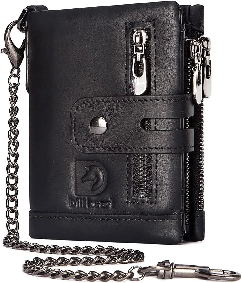 Genuine Leather RFID Bifold Double Zippe Wallet with Anti-Theft Chain