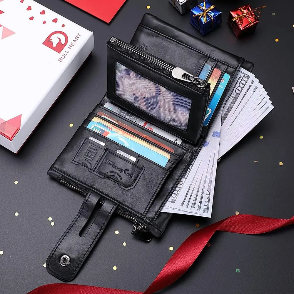 Genuine Leather RFID Bifold Double Zippe Wallet with Anti-Theft Chain