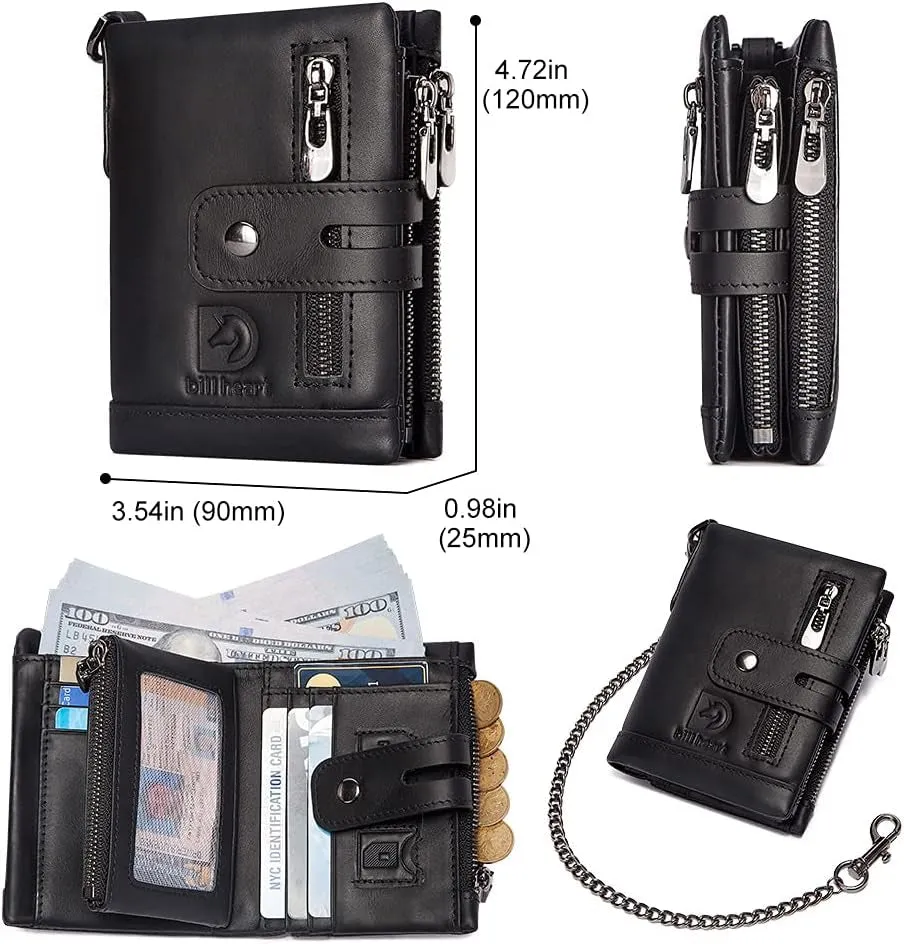 Genuine Leather RFID Bifold Double Zippe Wallet with Anti-Theft Chain