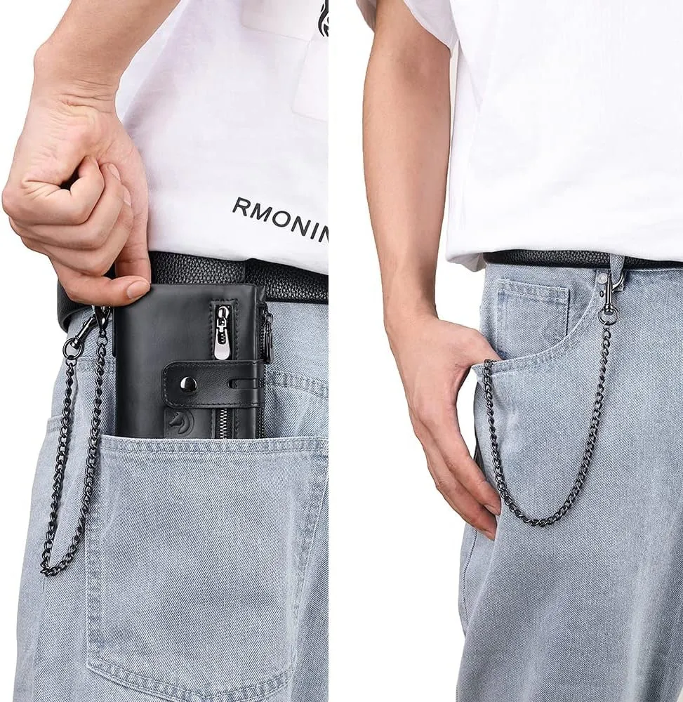 Genuine Leather RFID Bifold Double Zippe Wallet with Anti-Theft Chain