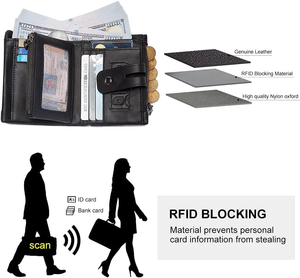 Genuine Leather RFID Bifold Double Zippe Wallet with Anti-Theft Chain