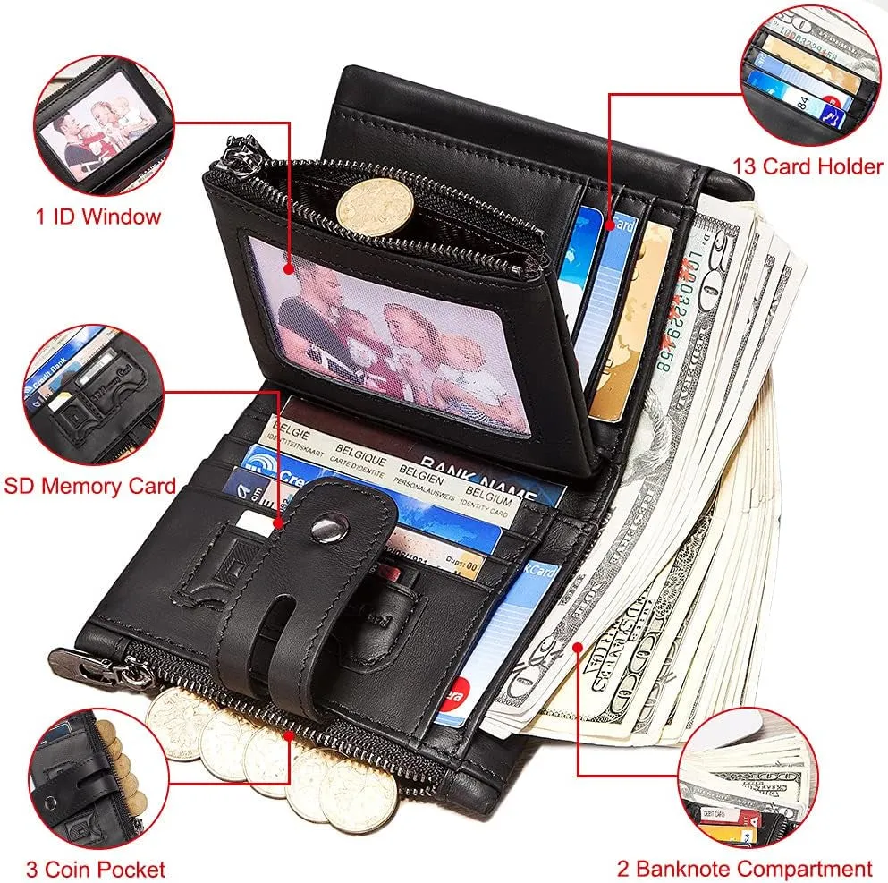 Genuine Leather RFID Bifold Double Zippe Wallet with Anti-Theft Chain