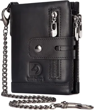Genuine Leather RFID Bifold Double Zippe Wallet with Anti-Theft Chain