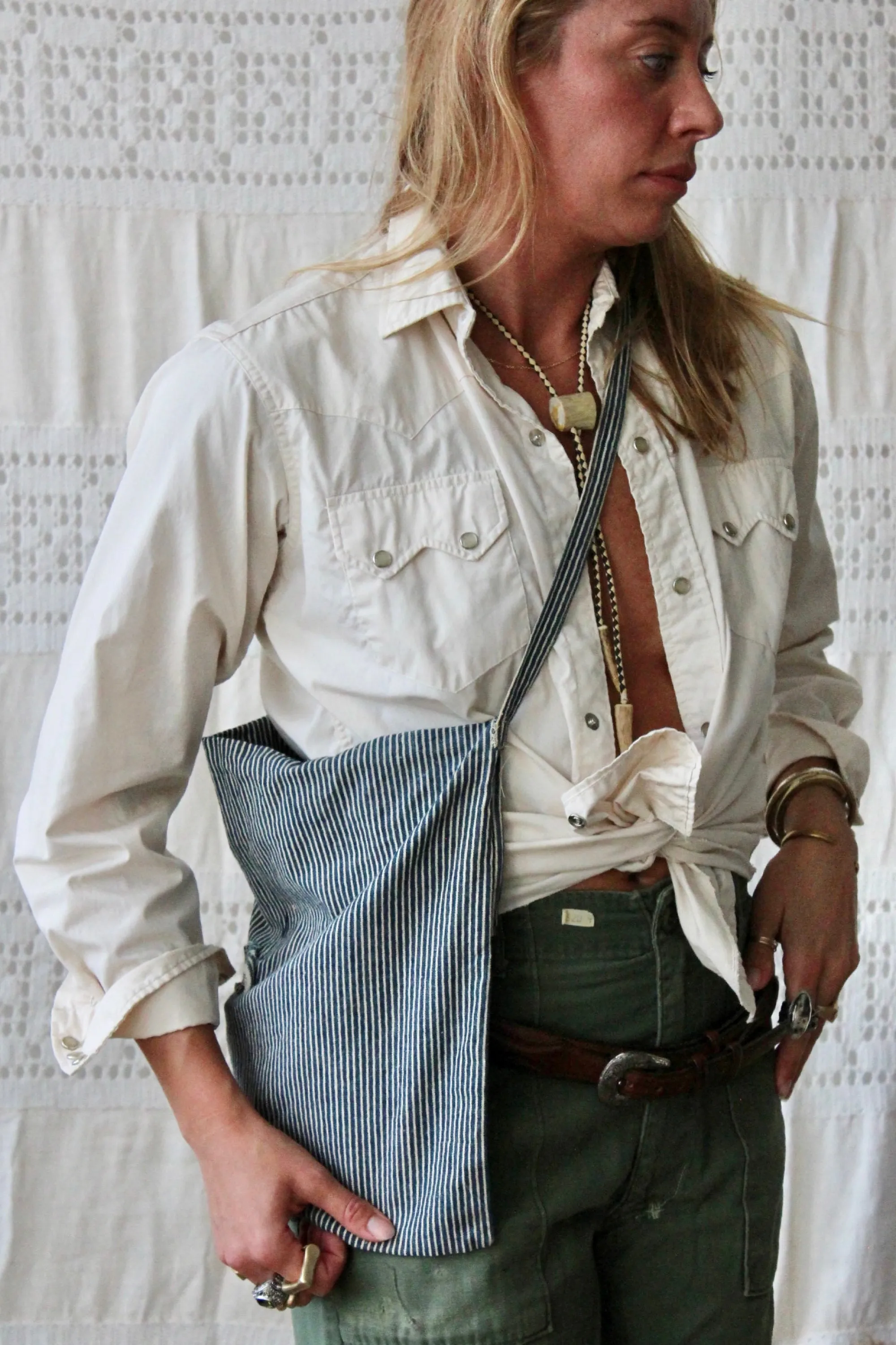 HF242 Vintage Denim Stripe Crossbody Bag Selected By The Highlands Foundry