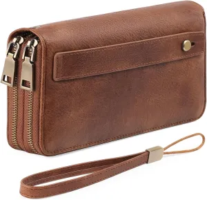 Leather Clutch for Women, Double-Zipper Wristlet Wallet