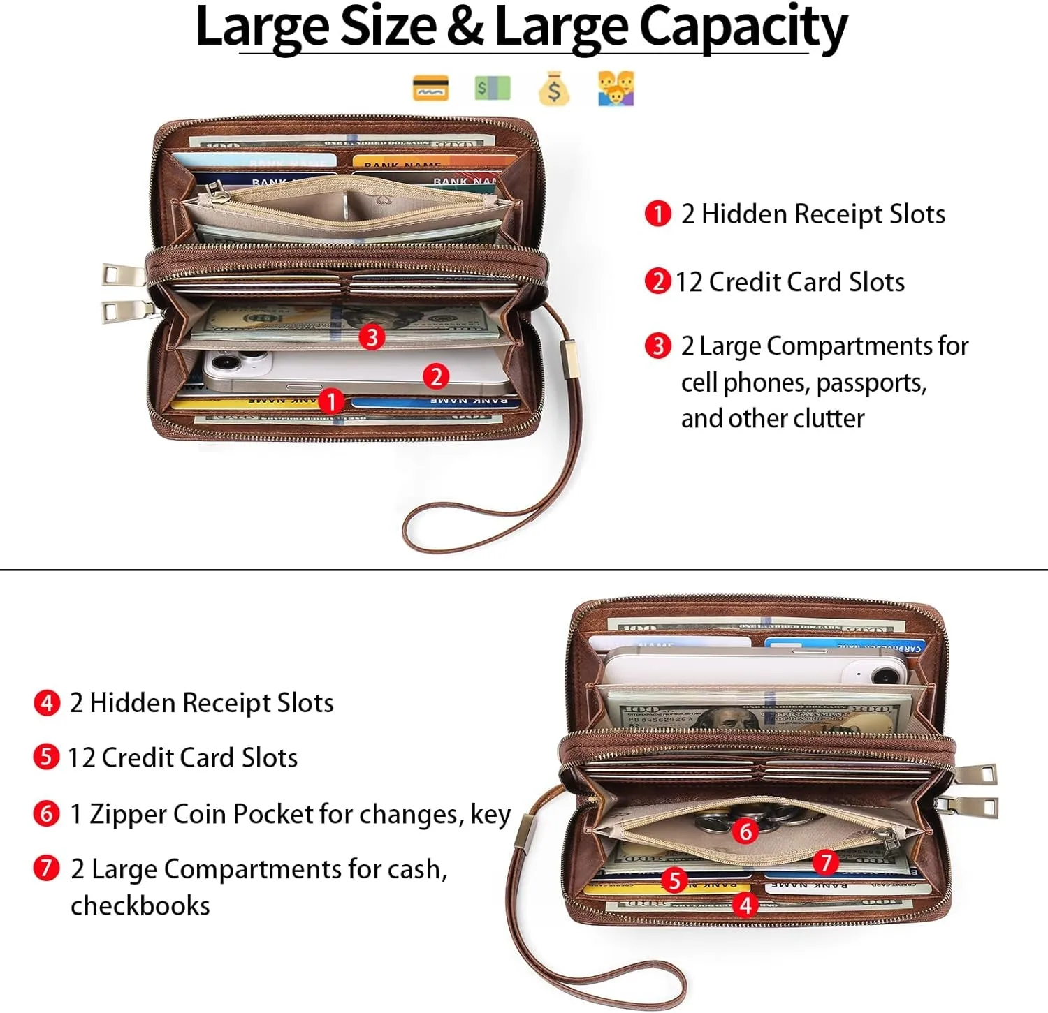 Leather Clutch for Women, Double-Zipper Wristlet Wallet