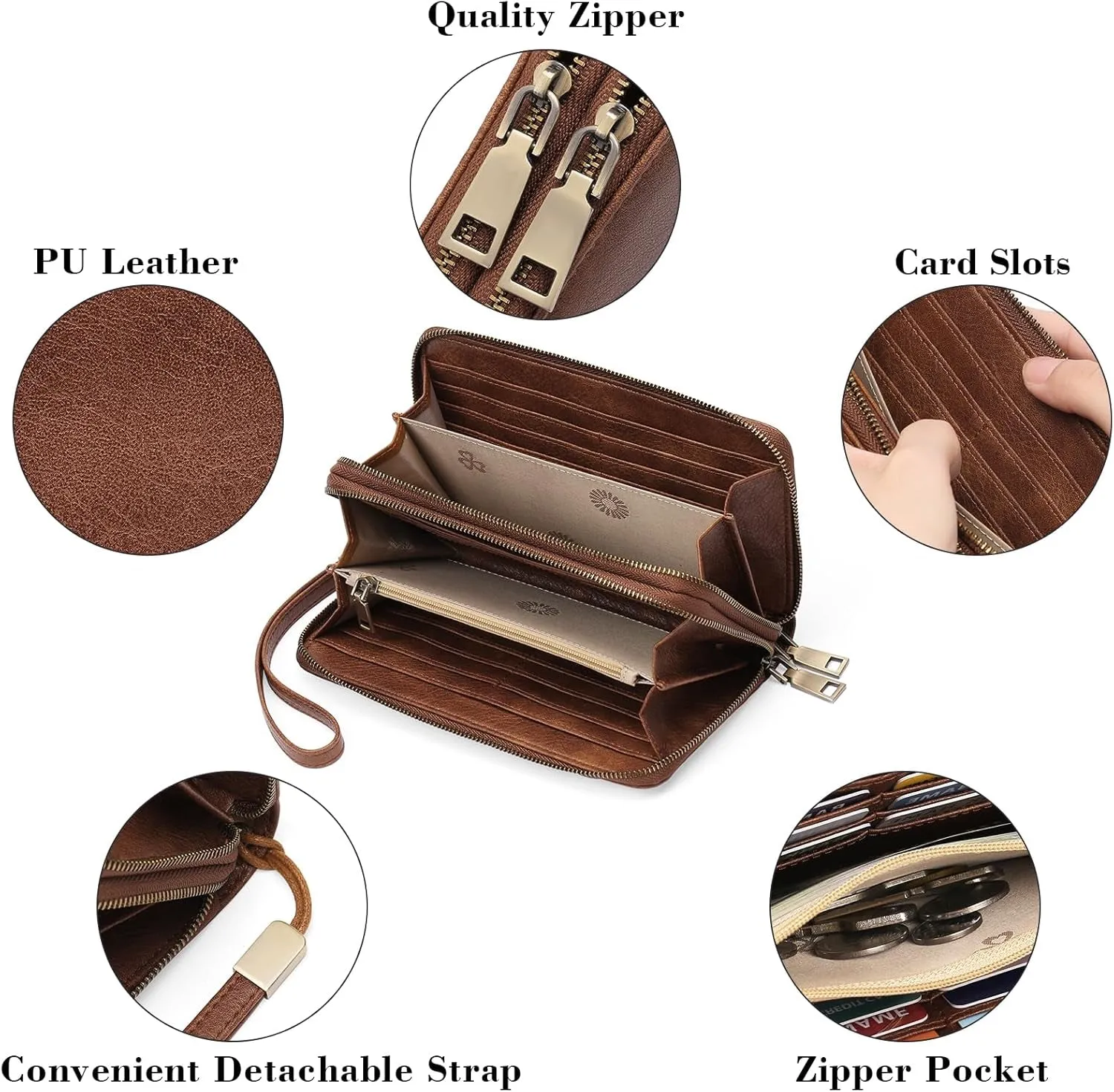 Leather Clutch for Women, Double-Zipper Wristlet Wallet