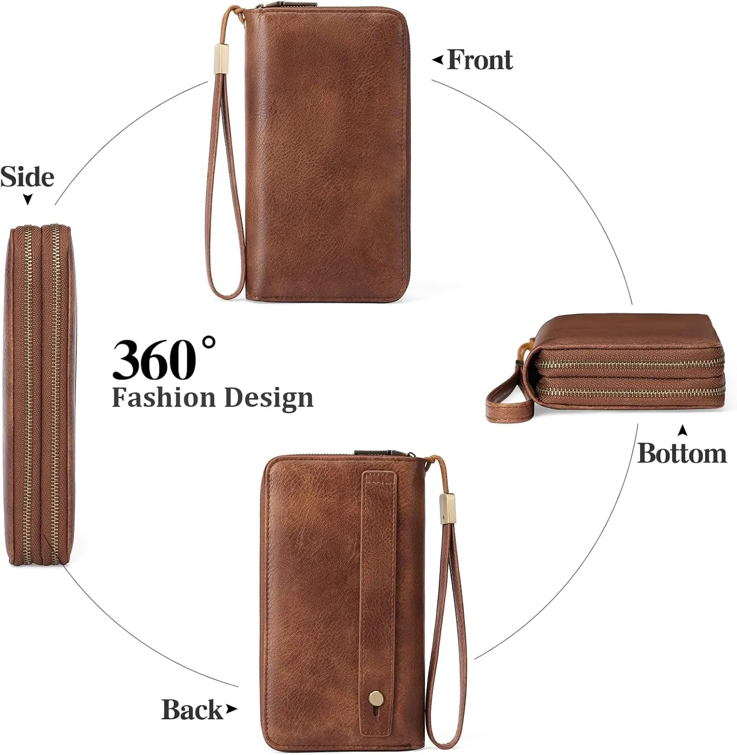 Leather Clutch for Women, Double-Zipper Wristlet Wallet