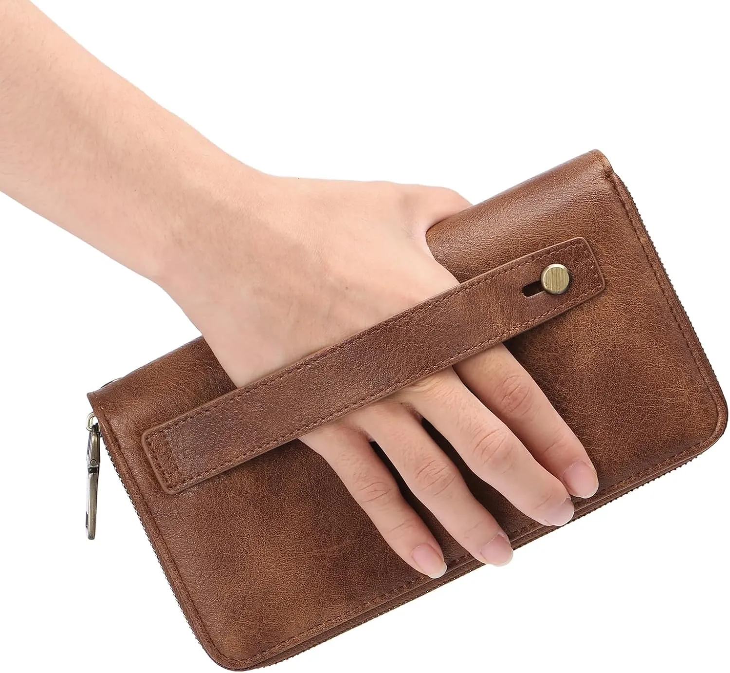 Leather Clutch for Women, Double-Zipper Wristlet Wallet