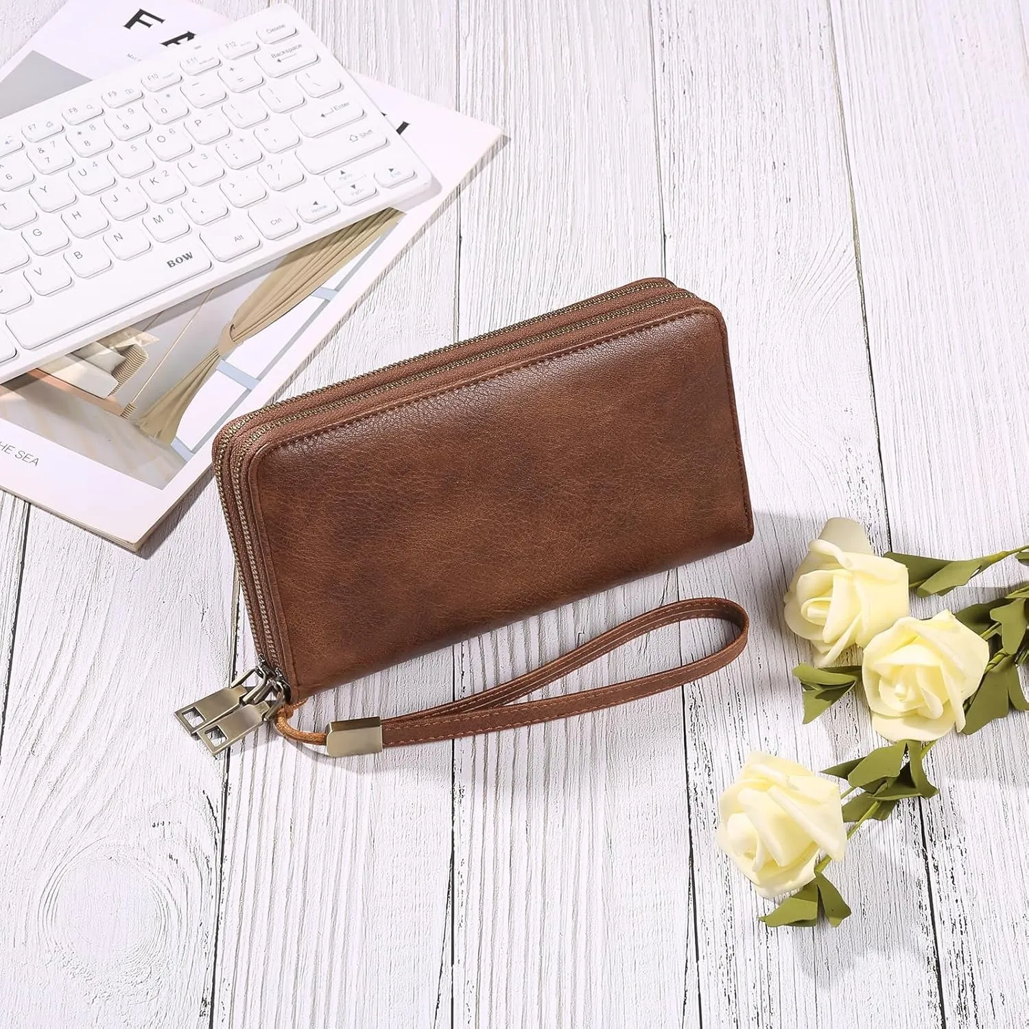 Leather Clutch for Women, Double-Zipper Wristlet Wallet