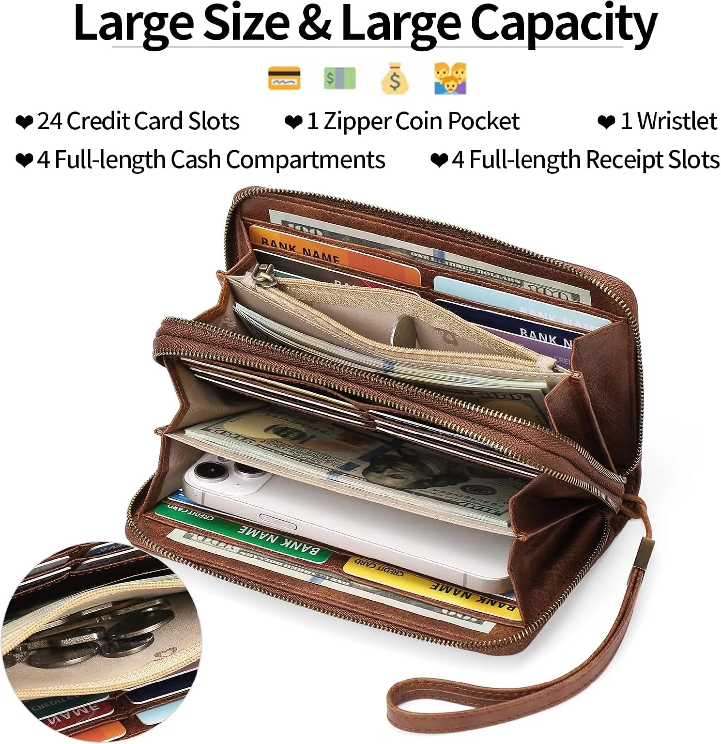 Leather Clutch for Women, Double-Zipper Wristlet Wallet
