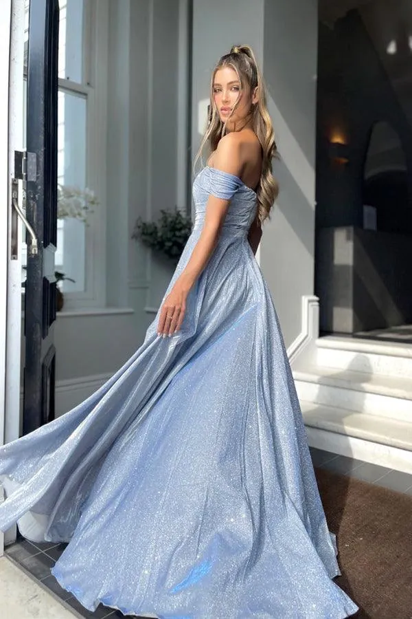 Off-the-shoulder A-line Prom Dresses With Slit Sparkly Evening Gowns TP1135