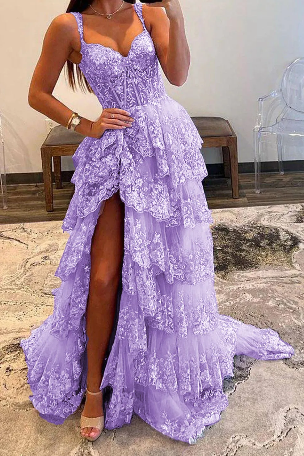 Off the Shoulder Tiered Prom Dress Sparkly Lace Appliques Evening Party Dress with Slit