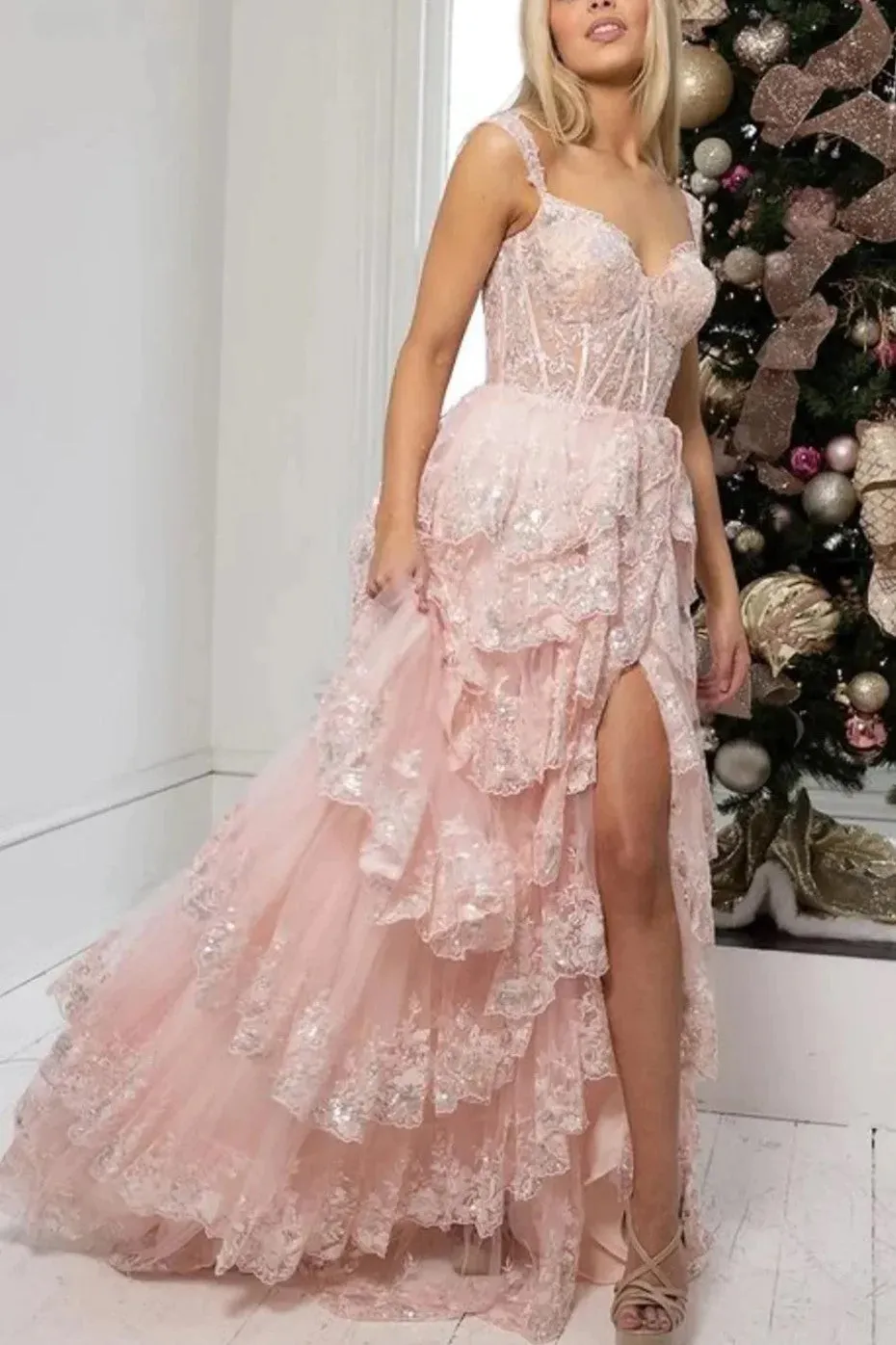 Off the Shoulder Tiered Prom Dress Sparkly Lace Appliques Evening Party Dress with Slit