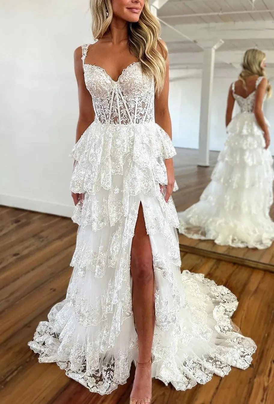 Off the Shoulder Tiered Prom Dress Sparkly Lace Appliques Evening Party Dress with Slit