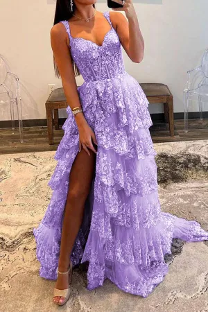 Off the Shoulder Tiered Prom Dress Sparkly Lace Appliques Evening Party Dress with Slit