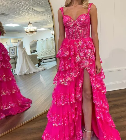 Off the Shoulder Tiered Prom Dress Sparkly Lace Appliques Evening Party Dress with Slit