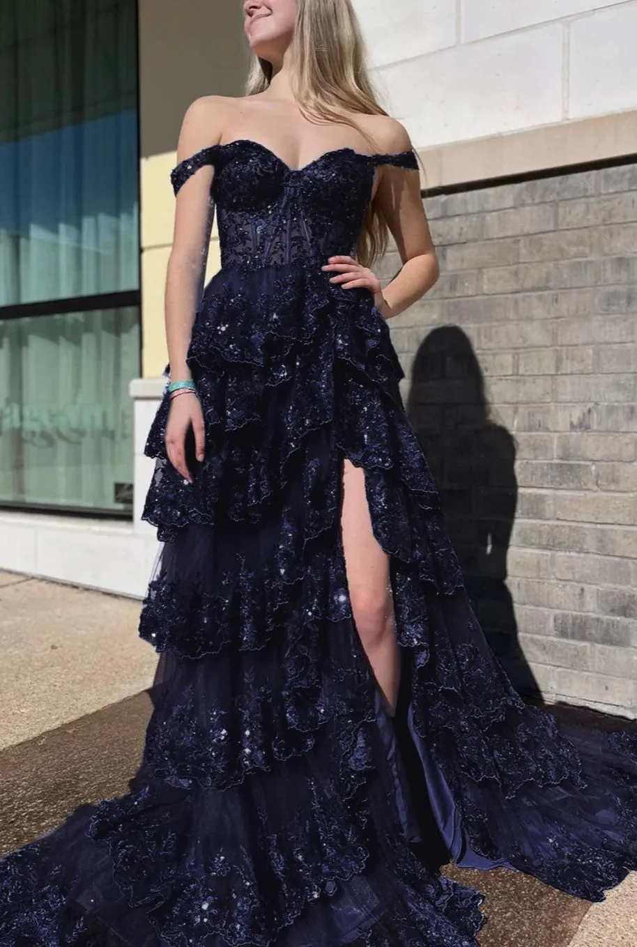 Off the Shoulder Tiered Prom Dress Sparkly Lace Appliques Evening Party Dress with Slit