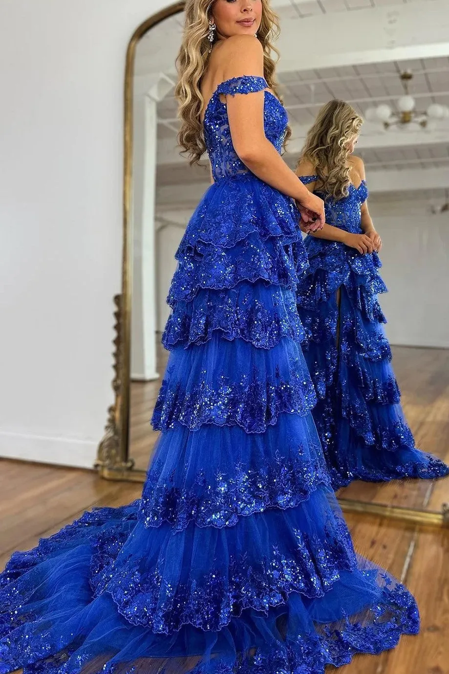 Off the Shoulder Tiered Prom Dress Sparkly Lace Appliques Evening Party Dress with Slit