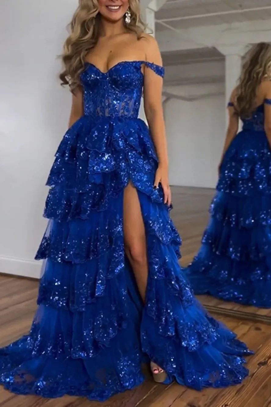 Off the Shoulder Tiered Prom Dress Sparkly Lace Appliques Evening Party Dress with Slit