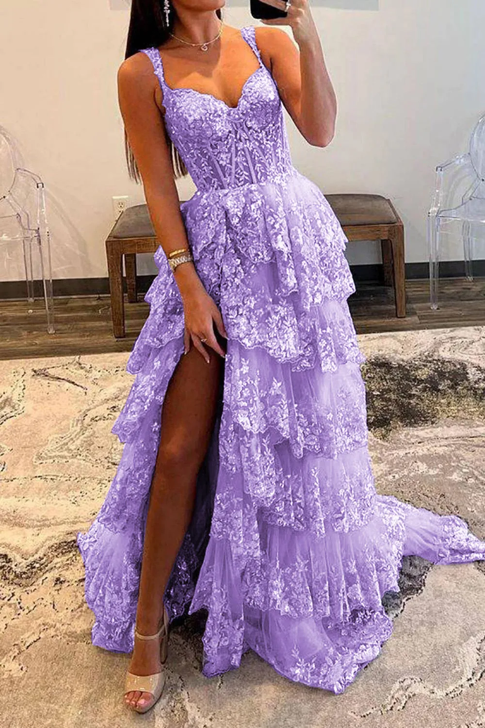 Off the Shoulder Tiered Prom Dress Sparkly Lace Appliques Evening Party Dress with Slit
