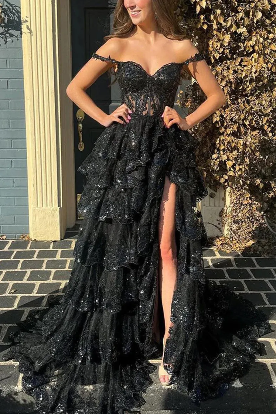 Off the Shoulder Tiered Prom Dress Sparkly Lace Appliques Evening Party Dress with Slit
