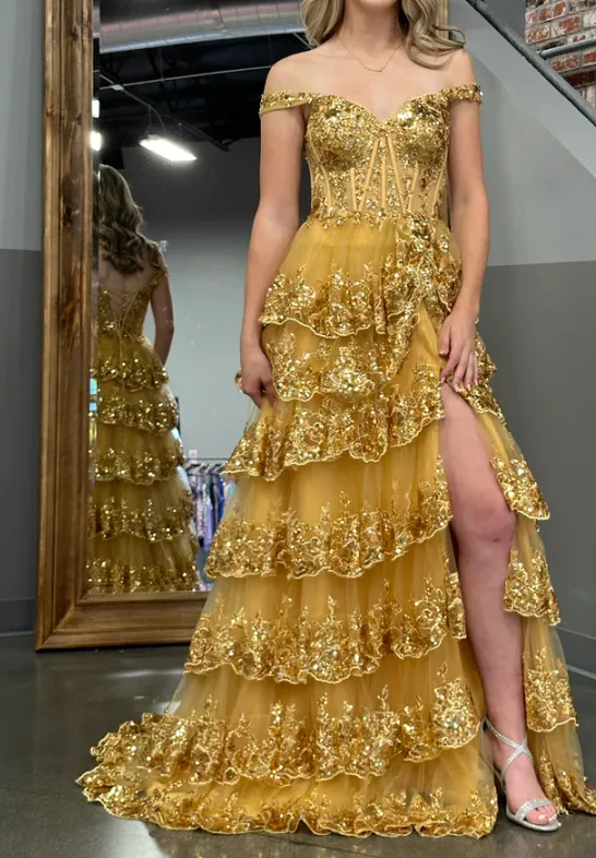 Off the Shoulder Tiered Prom Dress Sparkly Lace Appliques Evening Party Dress with Slit