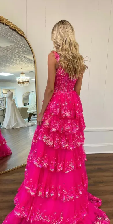 Off the Shoulder Tiered Prom Dress Sparkly Lace Appliques Evening Party Dress with Slit