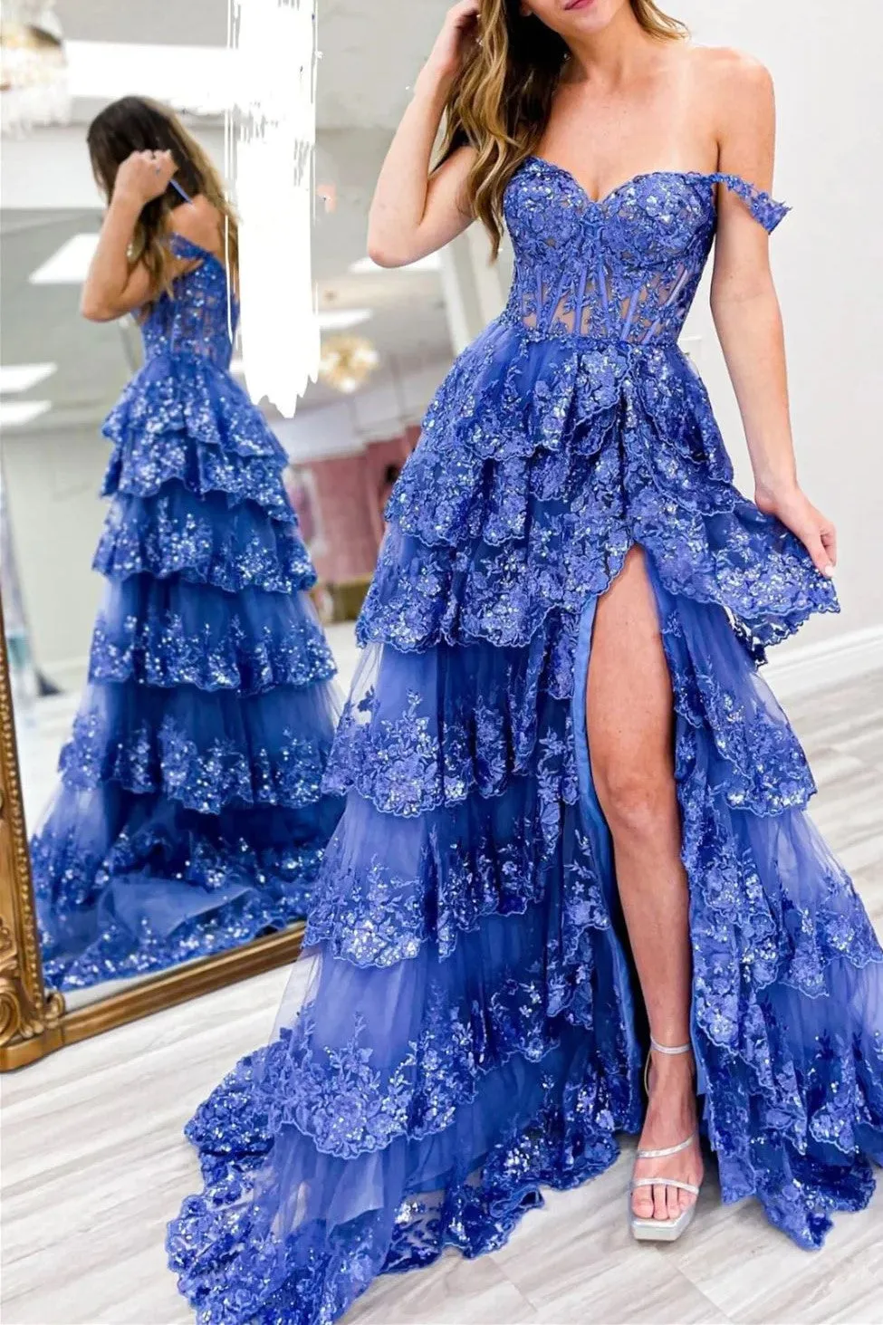 Off the Shoulder Tiered Prom Dress Sparkly Lace Appliques Evening Party Dress with Slit