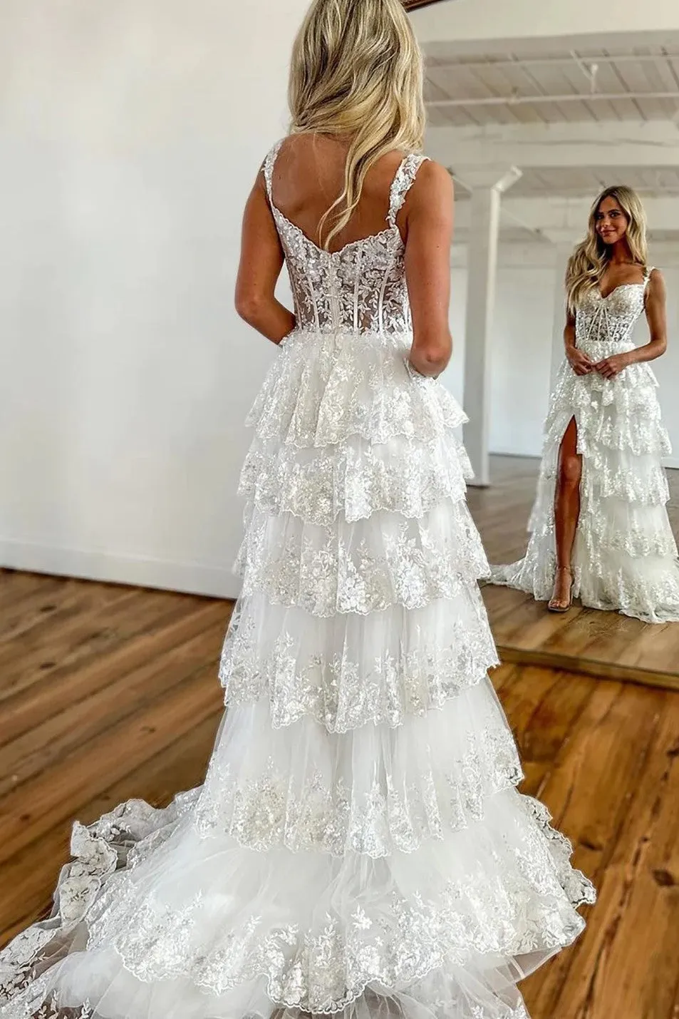 Off the Shoulder Tiered Prom Dress Sparkly Lace Appliques Evening Party Dress with Slit