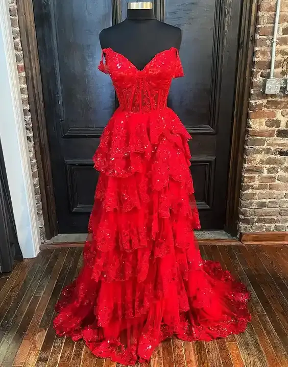 Off the Shoulder Tiered Prom Dress Sparkly Lace Appliques Evening Party Dress with Slit