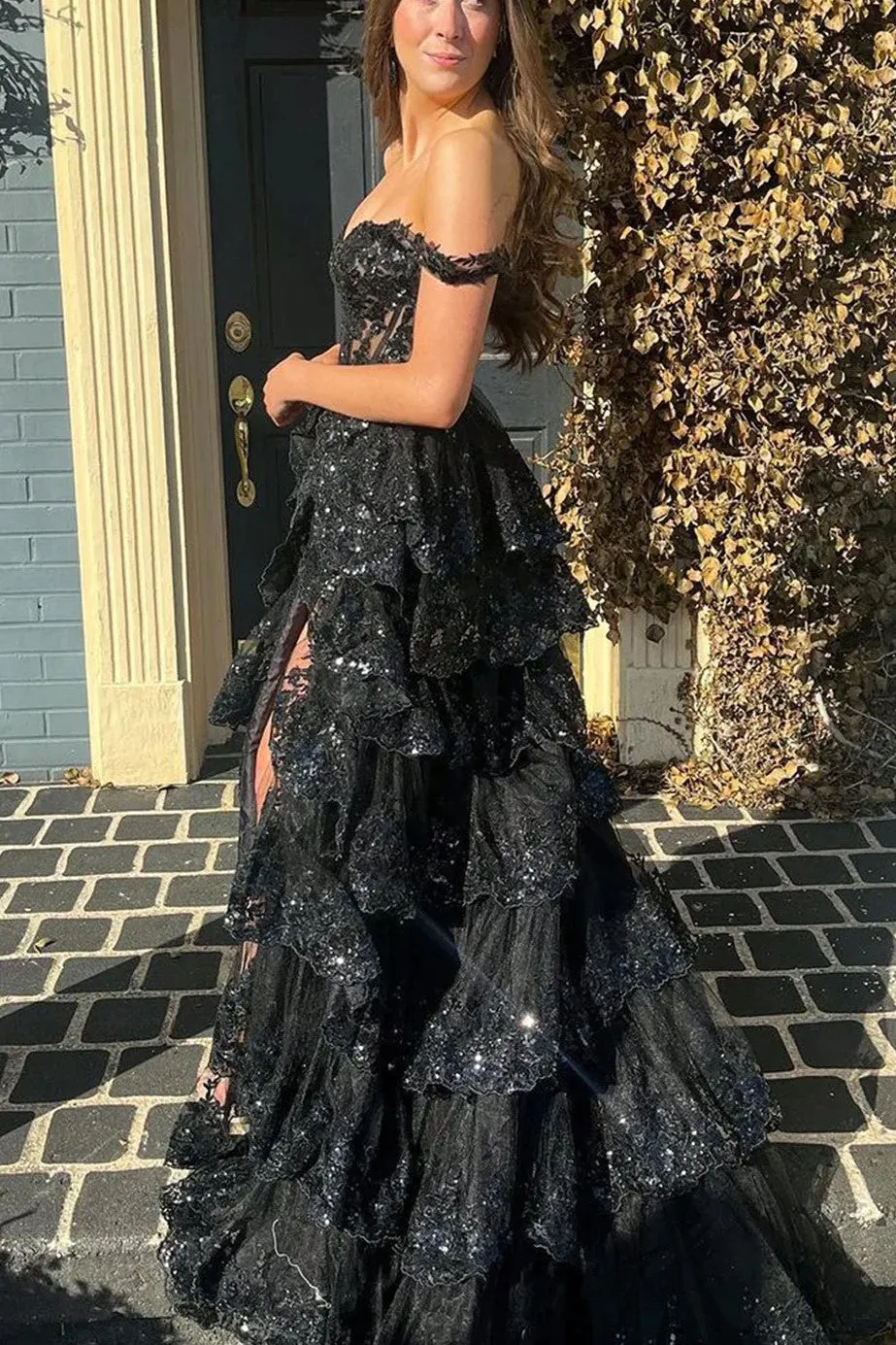Off the Shoulder Tiered Prom Dress Sparkly Lace Appliques Evening Party Dress with Slit