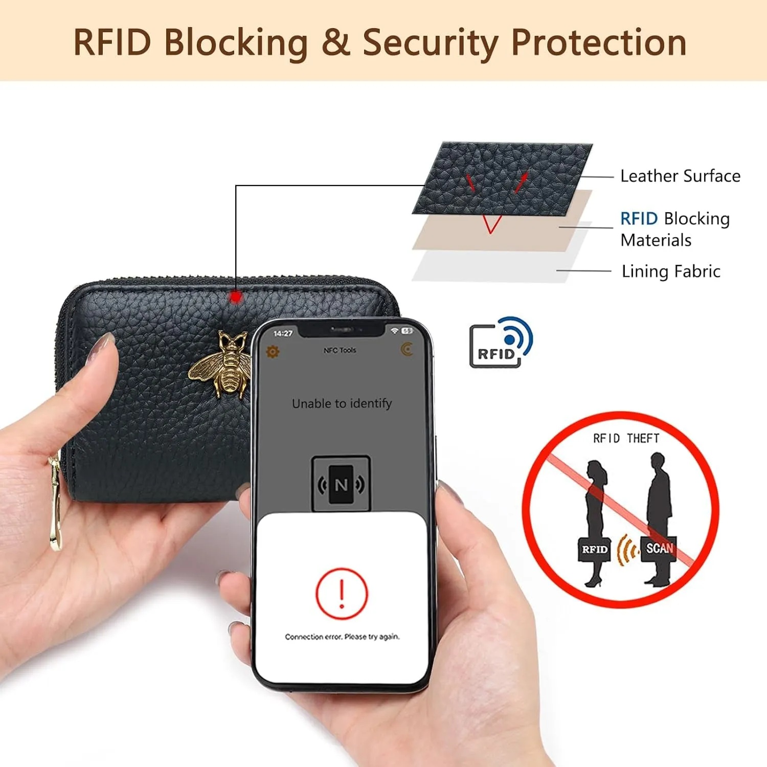 RFID Credit Card Holder Small Leather Zipper Card Case for Women