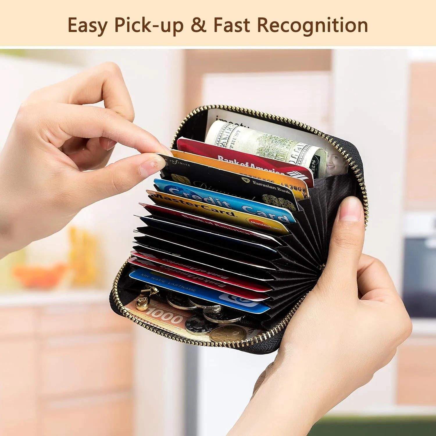 RFID Credit Card Holder Small Leather Zipper Card Case for Women